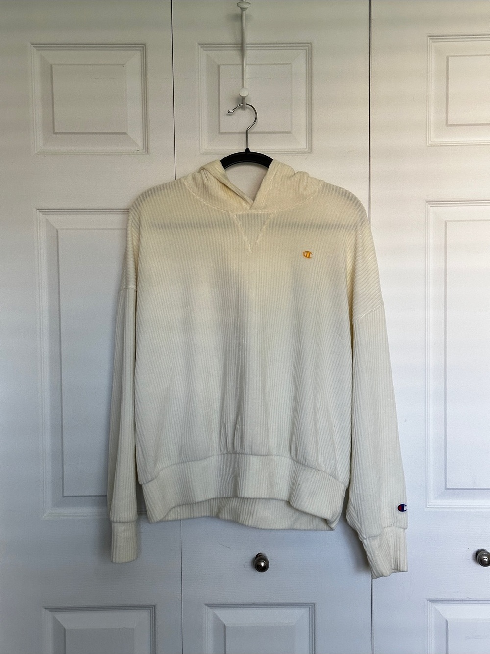 Champion Cream Ribbed Hoodie with Small Gold Logo